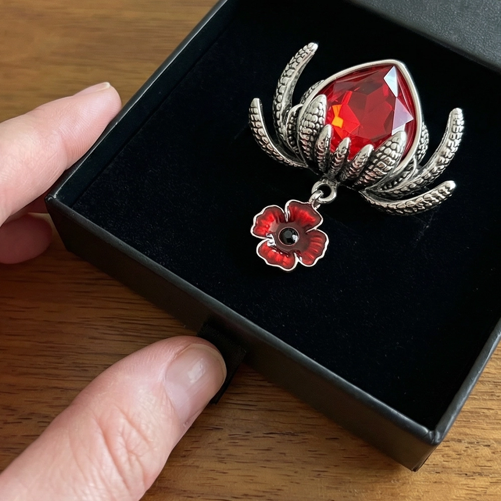 Model wearing Opal Stone Poppy Brooch